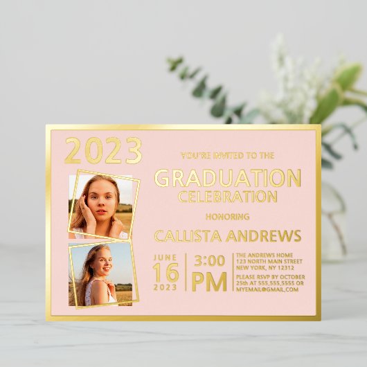 Minimaler Real Gold Foil Rahmen Foto Abschluss Folieneinladung (Stehend vorne)