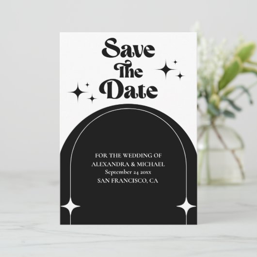 Minimaler Retrobogen Schwarz und Weiß Save The Date (Stehend Vorderseite)