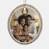 Minimaler Rustikaler Bauernhof Burlap Personalisie Keramik Ornament (Links)