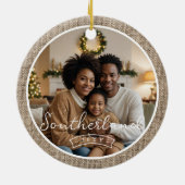 Minimaler Rustikaler Bauernhof Burlap Personalisie Keramik Ornament (Hinten)