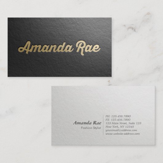Minimaler Schwarz/Gold-Stylist mit Embossed Text F Visitenkarte (Vorne/Hinten)