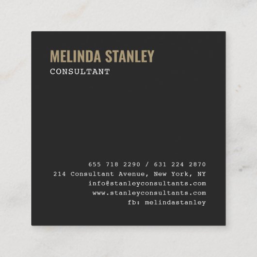 Minimaler schwarz schick goldbelag eleganter Farbb Quadratische Visitenkarte (Rückseite)