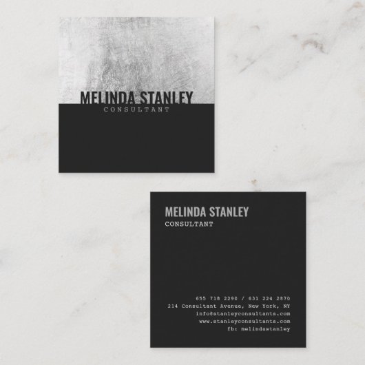 Minimaler schwarz schick silberne Folie eleganter Quadratische Visitenkarte (Vorne/Hinten)