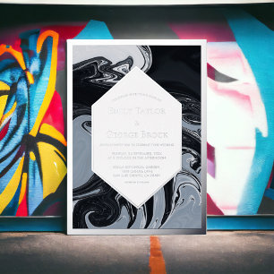 Minimaler Schwarz-Weiß-Abstrakter Hochzeitssilber Folieneinladung