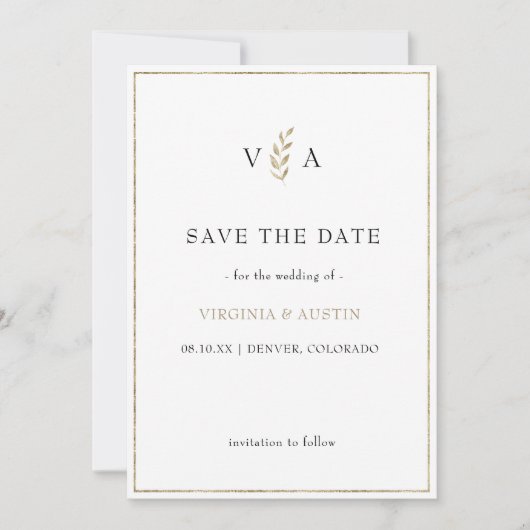 Minimaler Schwarz-weiß | Leaf Gold Border Wedding Save The Date (Vorderseite)