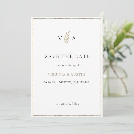 Minimaler Schwarz-weiß | Leaf Gold Border Wedding Save The Date (Stehend Vorderseite)