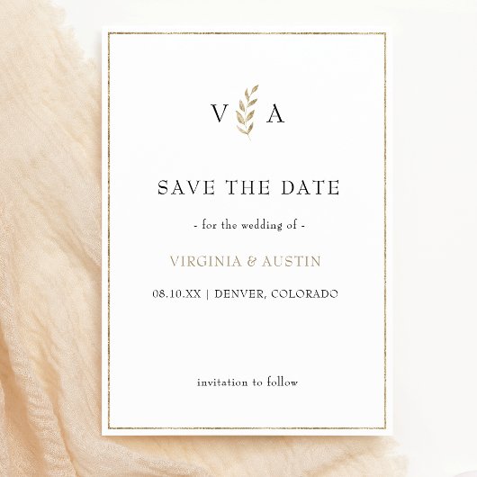 Minimaler Schwarz-weiß | Leaf Gold Border Wedding Save The Date