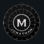 Minimaler Schwarz-weißer Monogrammname Dartscheibe<br><div class="desc">Modernes schwarzes Dartboard mit klassischer Blocktypografie im Original und Name in Weiß. Personalisieren Sie mit Name und Initial.</div>
