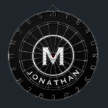 Minimaler Schwarz-weißer Monogrammname Dartscheibe<br><div class="desc">Modernes schwarzes Dartboard mit klassischer Blocktypografie im Original und Name in Weiß. Personalisieren Sie mit Name und Initial.</div>