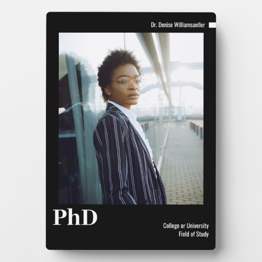 Minimaler Schwarz-weißer PhD-Abschluss im Foto Fotoplatte (Vorderseite)
