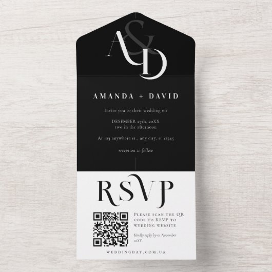 Minimaler schwarz-weißer QR-Code Hochzeit All In One Einladung (Innen Boden)