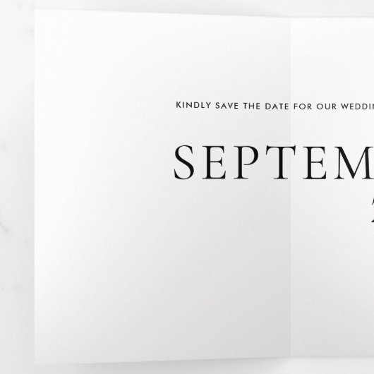 Minimaler Schwarz-weißer Text-Hochzeitdatum Gerett Dreifach Gefaltete Einladung (Innen Erste Seite)