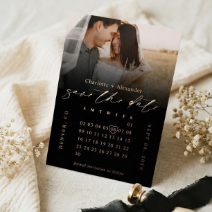 Minimaler schwarzer Foto-Kalender-Hochzeit Save-th Folieneinladung