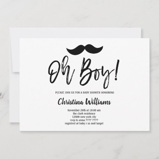 Minimaler Schwarzer Mustache Oh Boy Baby Dusche Einladung (Vorderseite)