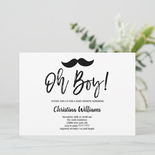Minimaler Schwarzer Mustache Oh Boy Baby Dusche Einladung (Stehend Vorderseite)