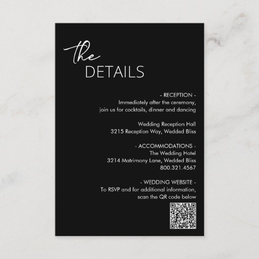 Minimaler schwarzer QR-Code Moderne Hochzeit Begleitkarte (Vorderseite)