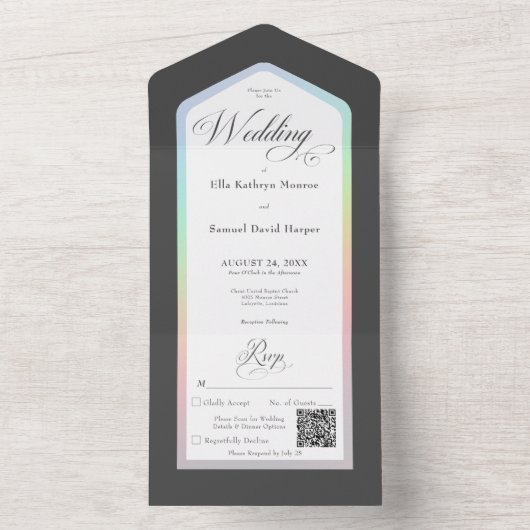 Minimaler schwarzer und weißer Regenbogen Moderner All In One Einladung (Innen Boden)