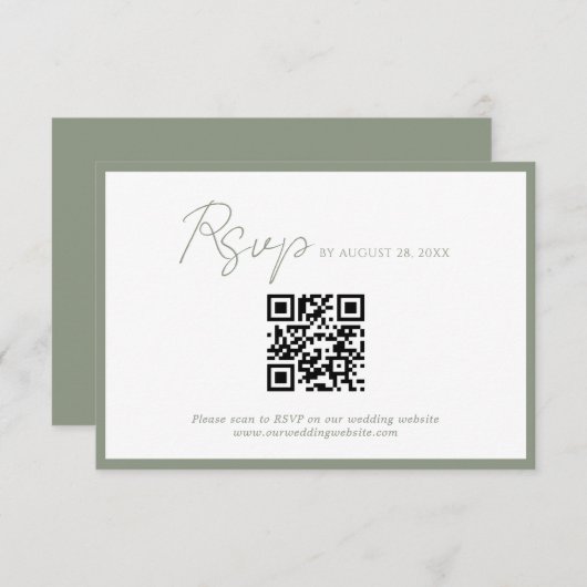 Minimaler Script Green Border QR Code Hochzeit Rsv Begleitkarte (Vorne/Hinten)