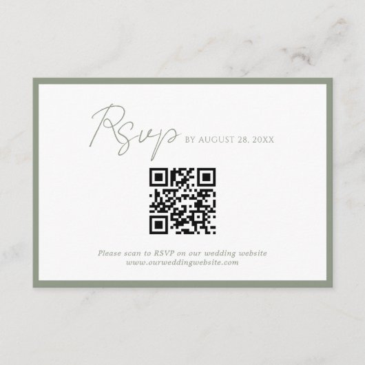 Minimaler Script Green Border QR Code Hochzeit Rsv Begleitkarte (Vorderseite)