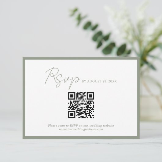 Minimaler Script Green Border QR Code Hochzeit Rsv Begleitkarte (Stehend Vorderseite)