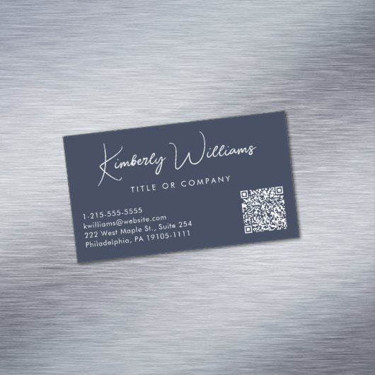 Minimaler Script QR Code Beruflich blau Magnetische Visitenkarte (Beispiel)