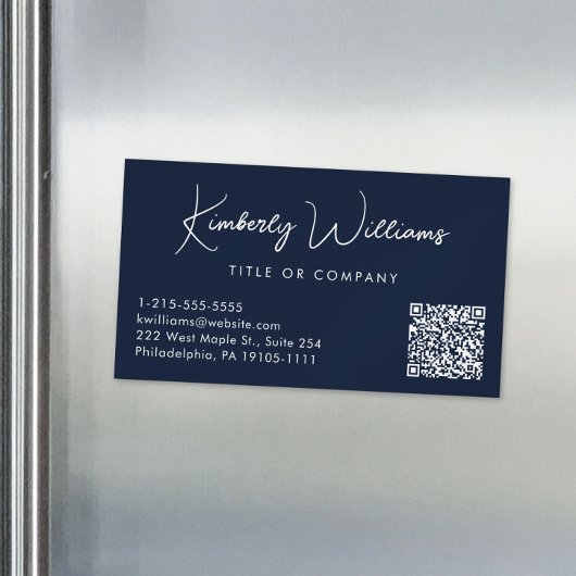 Minimaler Script QR Code Beruflich blau Magnetische Visitenkarte