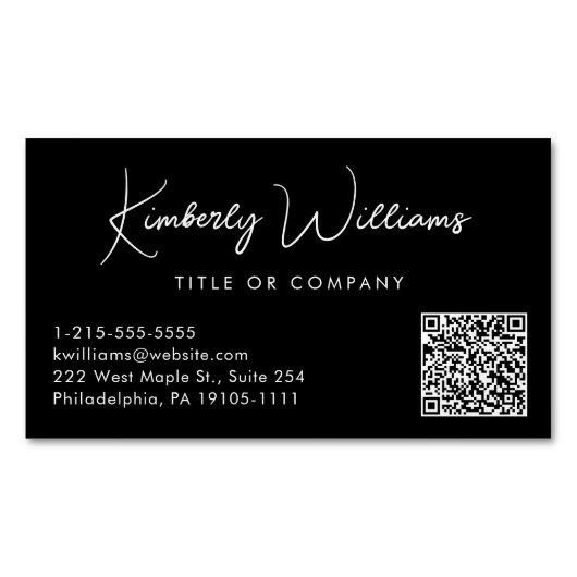 Minimaler Script QR Code Beruflich Schwarz Magnetische Visitenkarte (Vorderseite)
