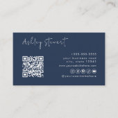 Minimaler Script Sicial Media Qr Code Navy Blue Visitenkarte (Vorderseite)
