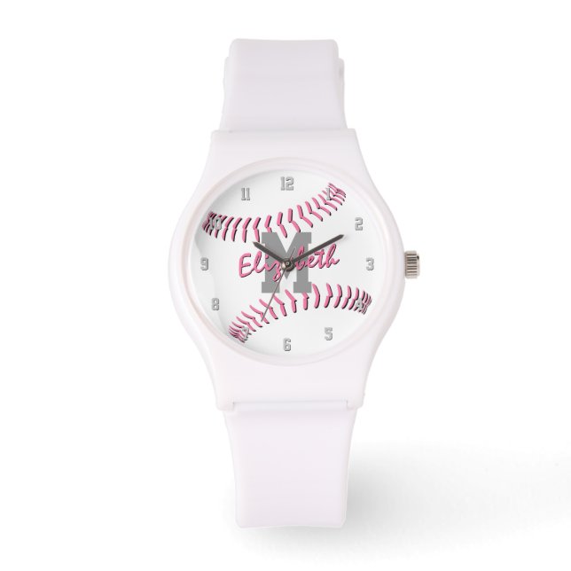 Minimaler Sportpink-Grauwein-Monogramm-Softball Armbanduhr (Vorderseite)
