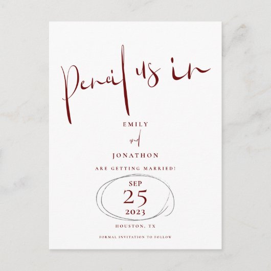 Minimaler Stift uns in Script Burgundy Save the Da Ankündigungspostkarte (Vorderseite)