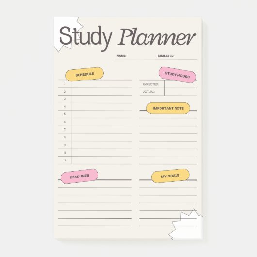 Minimaler Studienplaner mit stündlichem Zeitplan Post-it Klebezettel (Vorderseite)