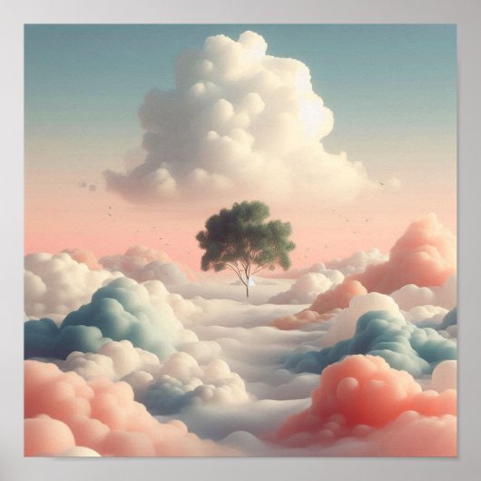 Minimaler surrealer Baum über weichen Pastellwolke Poster (Vorne)