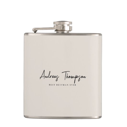 Minimaler Trauzeuge Trauzeuge Beige Sand Script Flachmann (Vorderseite)