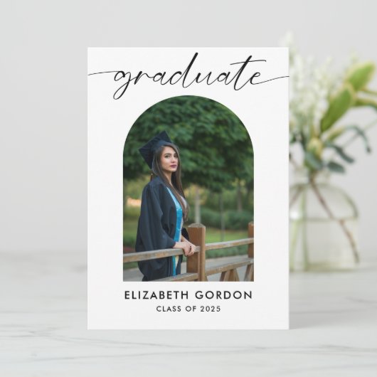 Minimaler Trendy Script Arch Foto Abschluss Save The Date (Stehend Vorderseite)