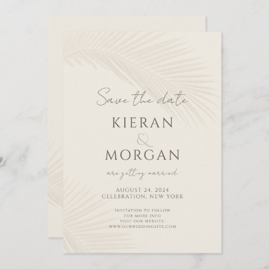 Minimaler tropischer Palmblätterlaib Save the Date Einladung (Vorne/Hinten)