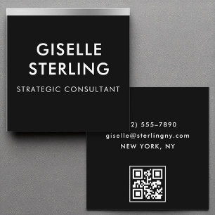Minimaler Typografie Black Silver Luxury QR Code Quadratische Visitenkarte