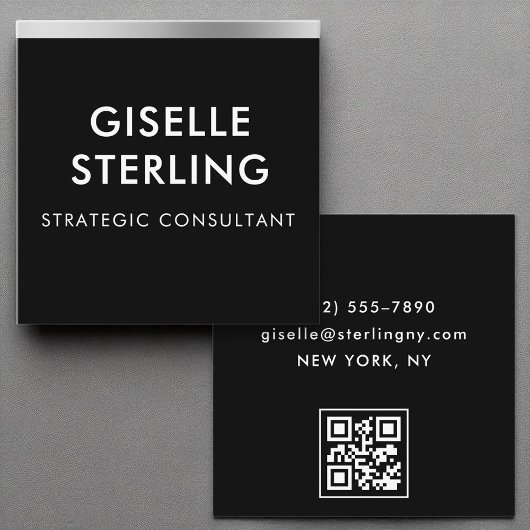 Minimaler Typografie Black Silver Luxury QR Code Quadratische Visitenkarte