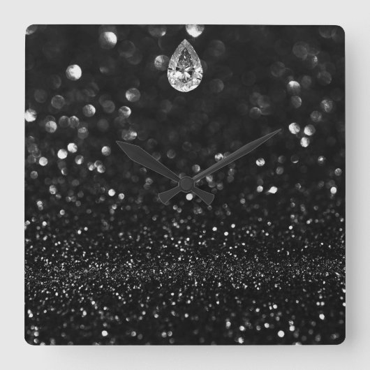 Minimaler Vip Black Silver Diamond Graphite Glitze Quadratische Wanduhr (Vorderseite)