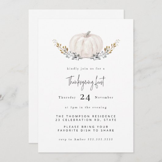 Minimaler Wasserfarbenkürbis-Foliage-Erntedank Einladung (Vorne/Hinten)