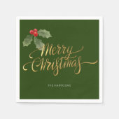Minimaler Weihnachtsrot und grüner Holly-Zweig Gol Serviette (Vorderseite)