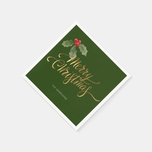 Minimaler Weihnachtsrot und grüner Holly-Zweig Gol Serviette (Ecke)