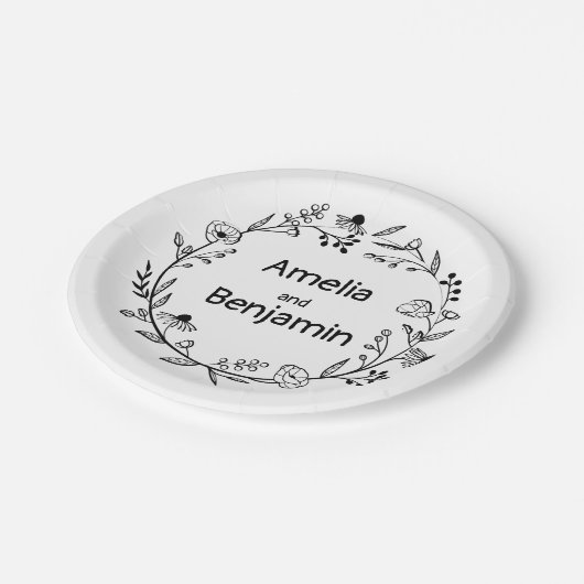 minimaler Wildblumenkranz Folk Rustikale Hochzeit Pappteller (Schrägansicht)