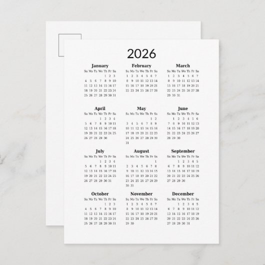 Minimaler Zeitplan 2026 Postkarte (Vorne/Hinten)