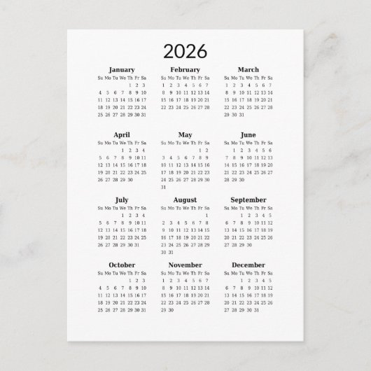 Minimaler Zeitplan 2026 Postkarte (Vorderseite)
