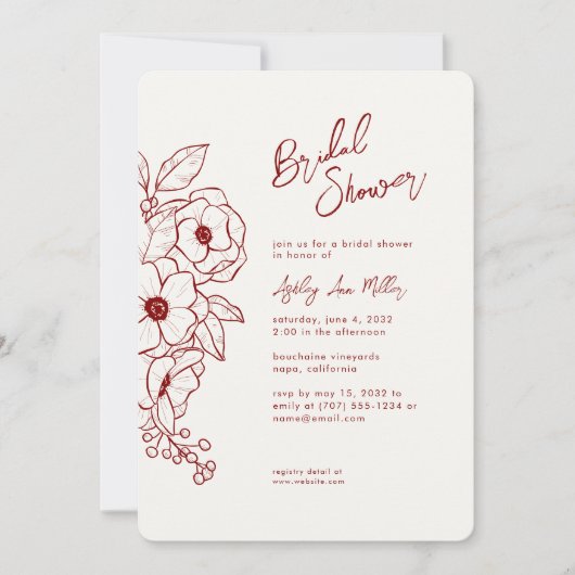 Minimales botanisches Ruby Rotes Brautparty Einladung (Vorderseite)