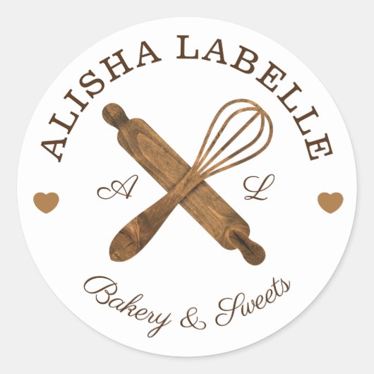 Minimales Button- und Whisk-Bäckerei-Logo aus Holz Runder Aufkleber (Vorderseite)