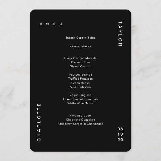 Minimales einfaches Black Wedding Dinner Menü Menükarte (Vorderseite)