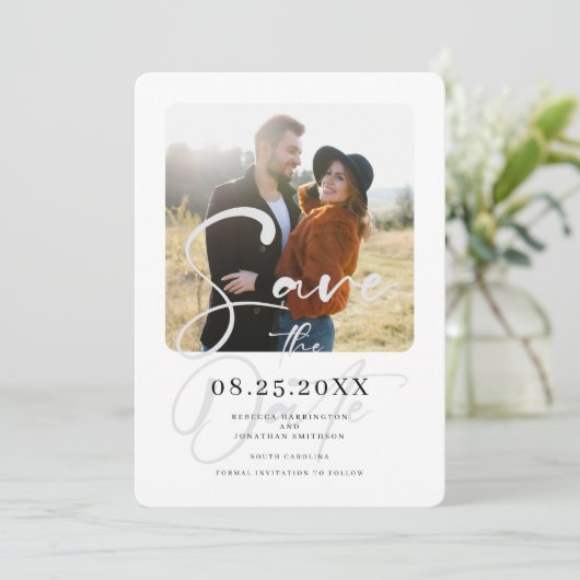 Minimales elegantes Script-Hochzeitsskript-Foto Save The Date (Stehend Vorderseite)