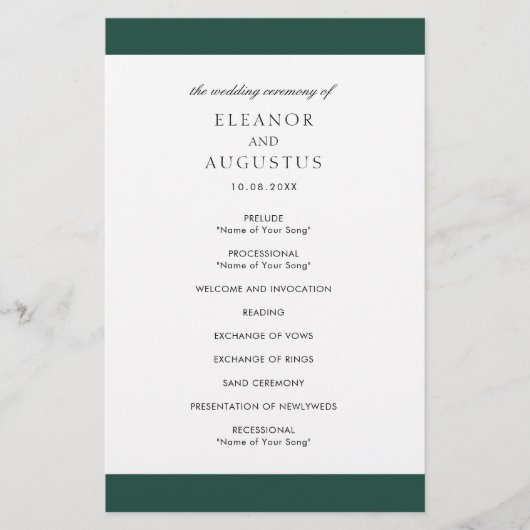 Minimales Emerald Green Budget Hochzeitsprogramm (Vorne)