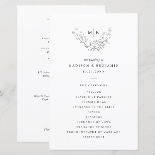 Minimales formales Monogramm-Hochzeitsprogramm (Vorne/Hinten)